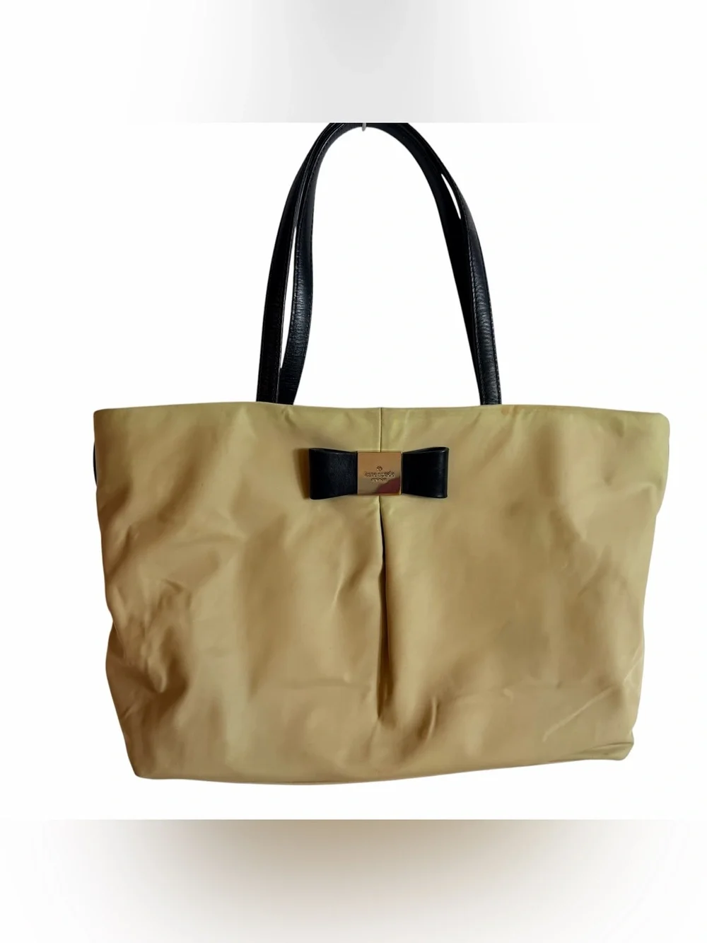 Kate Spade New York Beige Nylon Tote Black Bow Shoulder Bag